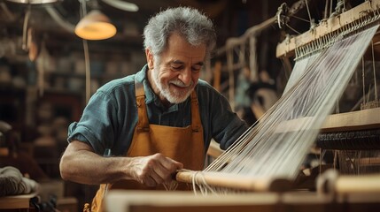 Poster - Artisan Weaving on Traditional Loom in Bright Rustic Room