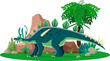 © Vector Tradition - Lexovisaurus prehistoric dinosaur character. Isolated cartoon vector dino with row of plates along its back and spiked tail, stands near lush tropical vegetation. Herbivore of Middle Jurassic period