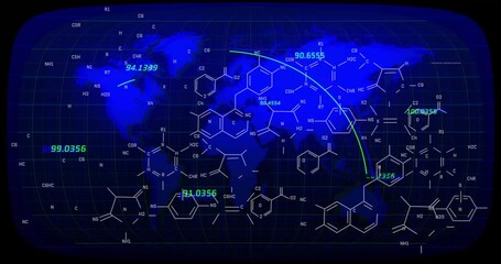 Canvas Print - Chemical formulas and coordinates animation over world map