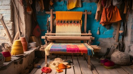 Poster - Colorful Fabric Weaving in Rustic Well Lit Setting