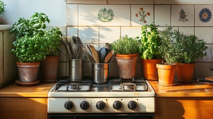 Aufkleber - Kitchen design emphasizes eco-friendliness with recycled glass countertops and bamboo cabinets energy-efficient appliances are neatly integrated into the space with potted herbs and vegetables adding