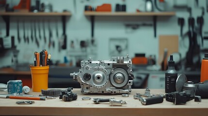 Poster - Detailed Motorcycle Gearbox Assembly on Workbench with Soft Lighting