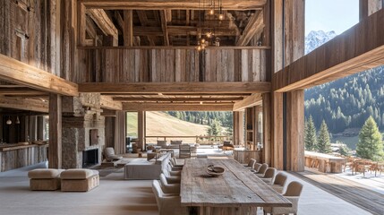 Poster - Dining area showcases a rustic table made from reclaimed barn wood paired with chairs upholstered in eco-friendly fabrics natural light floods the space highlighting the natural beauty of the