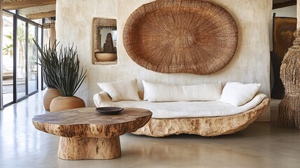 Aufkleber - Living room with a focus on sustainable design featuring a couch made from organic materials recycled wood accents on the walls and potted plants that enhance air quality energy-efficient lighting