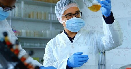 Poster - Chemical formulas animation over scientist examining liquid in laboratory flask