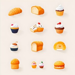 Poster - Flat Gradient Bakery Items Icon Set with Bread Croissant and Cupcake