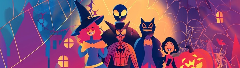 Spider webs, costumes, cartoon monsters, Halloween party, flat design illustration