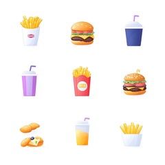 Poster - Flat Gradient Icon Set of Popular Fast Food Items Like Burger Fries and Soda
