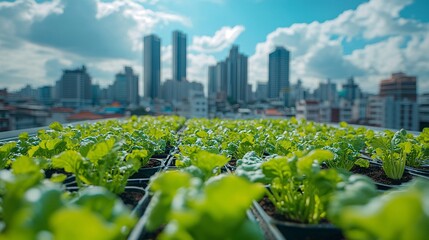 Aufkleber - Rooftop garden in a metropolitan city with rows of leafy greens and vegetables thriving in planters city skyline visible in the background highlighting the potential for sustainable urban agriculture