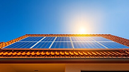 Poster - Solar panels installed on the roof of a modern suburban home with sunlight reflecting off the panels and a clear blue sky in the background highlighting the use of renewable energy sources in
