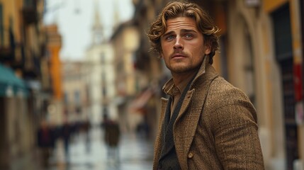  a man resembling a blond Matt Boomer stands on a streets