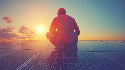 Poster - Homeowner installing solar panels on a rooftop using safety gear and tools with the sun shining brightly in the sky demonstrating the process of adopting renewable energy solutions for residential