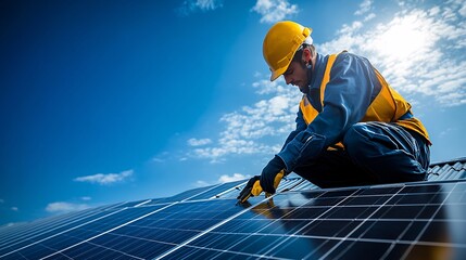 Poster - Homeowner installing solar panels on a rooftop using safety gear and tools with the sun shining brightly in the sky demonstrating the process of adopting renewable energy solutions for residential