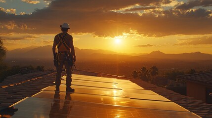 Poster - Homeowner installing solar panels on a rooftop using safety gear and tools with the sun shining brightly in the sky demonstrating the process of adopting renewable energy solutions for residential