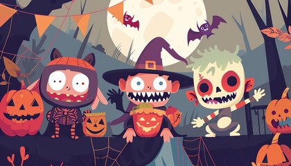 Halloween party, spider webs, costumes, cartoon monsters, flat design illustration