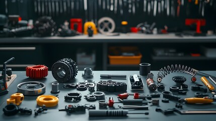 Poster - Meticulously Arranged Motorcycle Gear System Components on Workbench with Clean Lighting