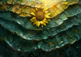 a sunflower on a green surface. 