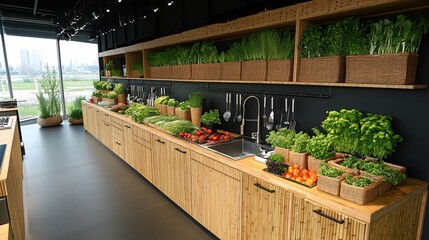 Aufkleber - Kitchen design emphasizes eco-friendliness with recycled glass countertops and bamboo cabinets energy-efficient appliances are neatly integrated into the space with potted herbs and vegetables adding