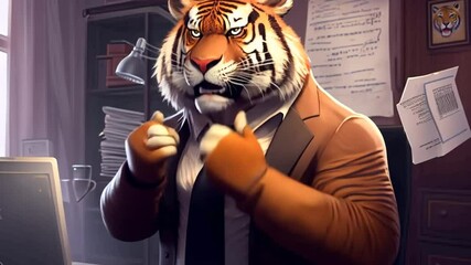 Poster - Tiger in a Suit Working at a Desk During the Day in an Office Generative AI