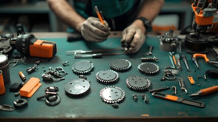 Poster - Neatly Arranged Motorcycle Clutch Plates on a Workbench under Bright Lighting
