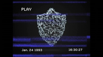 Poster - Digital shield with network connections animation over VHS-style video playback screen