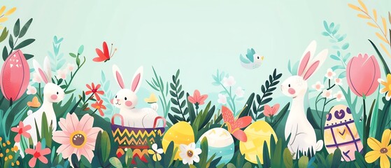  Easter bunnies, Easter flowers, colorful eggs, Easter baskets, chicks, cute lambs, flat design illustration