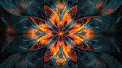 Symmetrical kaleidoscopic flower designs in a line art style featuring intricate fractal patterns ideal for a captivating computer generated backdrop