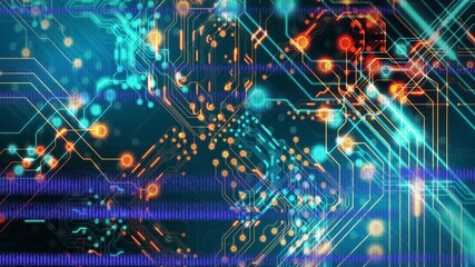 Poster - Circuit board and data flow animation with glowing lines and nodes
