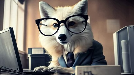 Poster - Professional Fox in Glasses Working at a Desk in an Office Setting Generative AI