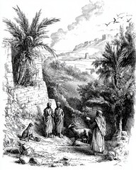 vintage engraved illustration depicting an egyptian hunting scene in line art style