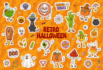 Wall Mural - Halloween stickers with retro cartoon groovy monsters or funny spooky characters, vector icons. Halloween holiday stickers, groovy funky pumpkin or happy zombie hand and coffin with witch magic potion