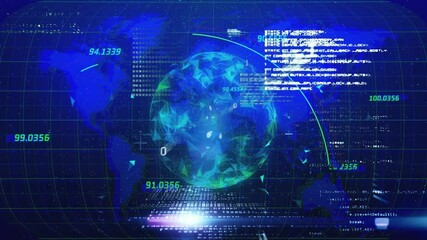Poster - Digital globe with data processing animation over blue world map and binary code