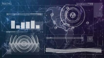 Poster - Digital data analysis and network connections animation over world map and graphs