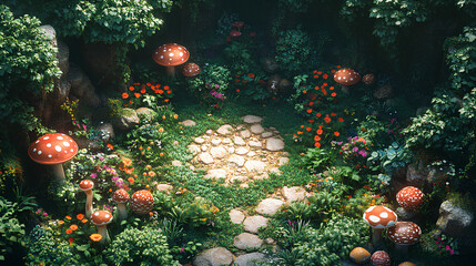 Wall Mural - Lush green forest area, forest mushroom fairy circle top down view