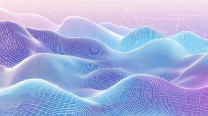 Line art illustration featuring an abstract background element with a three dimensional design of wave shapes grids and beams in blue violet and white hues