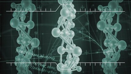 Poster - DNA strands and molecular structures animation over scientific data and graphs