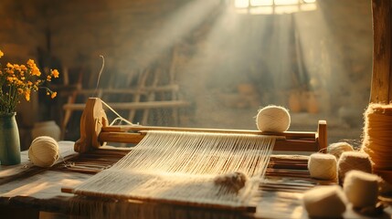 Poster - Traditional Loom and Spindle in Soft Natural Light Textile Crafting Scene