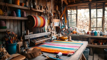 Poster - Vibrant Handwoven Fabric on a Rustic Loom in a Well Lit Setting