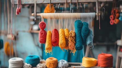 Poster - Vibrant Handwoven Threads and Yarns Hanging on Wall Near Weaving Loom