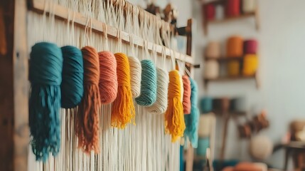 Poster - Vibrant Textile Art Hanging Threads and Yarns Weave a Tapestry of Creativity
