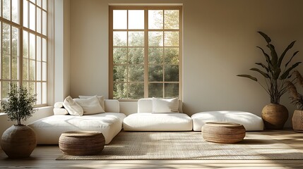 Contemporary Scandinavian living room, soft neutral tones, white and beige palette, minimalist furniture, large windows, sunlight casting gentle shadows, wooden flooring, clean and airy design,