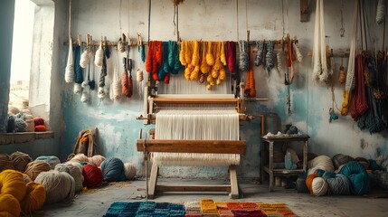 Poster - Vibrant Threads and Yarns Hanging on Wall Next to Weaving Loom in Soft Natural Light