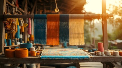 Poster - Vibrant Traditional Weaving Loom With Colorful Threads Under Warm Sunlit Studio