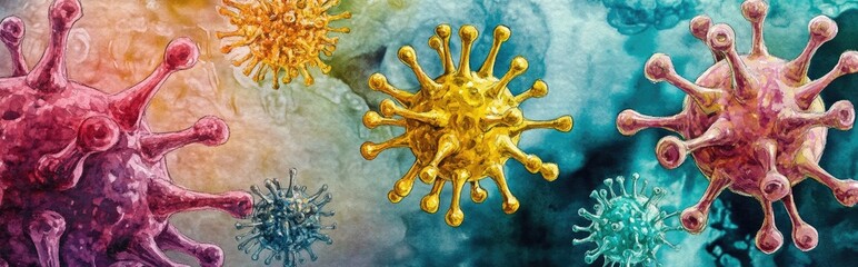 Watercolor illustration of viruses and immune cells featuring vibrant bacteriophages yellow microbes and multicolored bacterial characters against a cellular backdrop