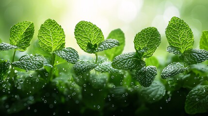 Spearmint leaves falling gently in a cascade, their fresh green color and natural texture standing out against a bright white backdrop.