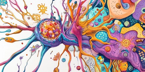 Colorful marker illustration depicting the anatomy of a neuron in line art style