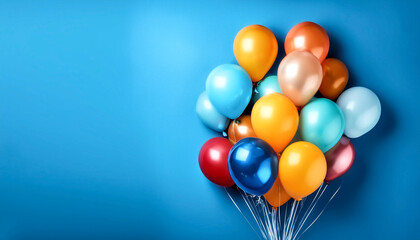 Bunch of bright balloons isolated on blue background