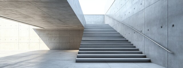 Poster - 3D rendering of a modern empty long concrete stairway in an office building featuring stairs ascending from underground with a horizontal perspective