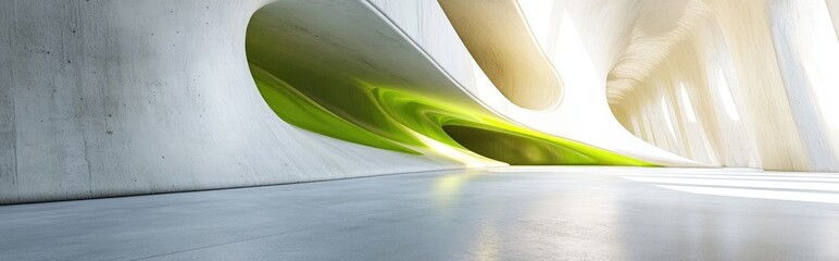 Poster - 3D rendering of an abstract white and concrete interior featuring glossy green lines