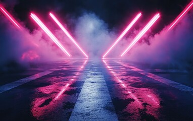 Poster - 3D rendering of an empty background scene featuring dark street reflections on wet asphalt with neon light rays shapes and smoke creating an abstract dark atmosphere